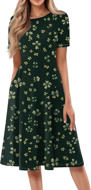 Women's Sun Dresses 2025 Vacation Loose Trendy Short Sleeve Round Neck Floral Print Midi Clothes Plus Size, S-3XL