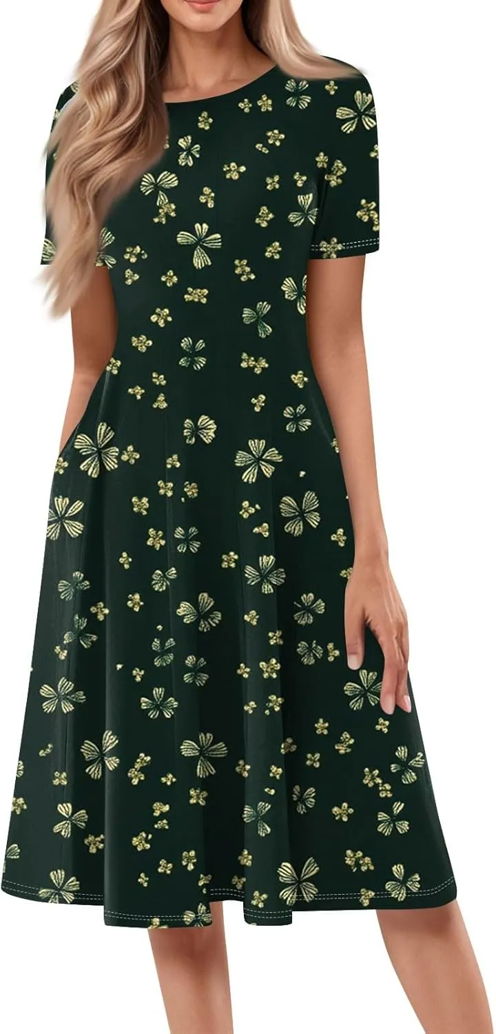 Women's Sun Dresses 2025 Vacation Loose Trendy Short Sleeve Round Neck Floral Print Midi Clothes Plus Size, S-3XL