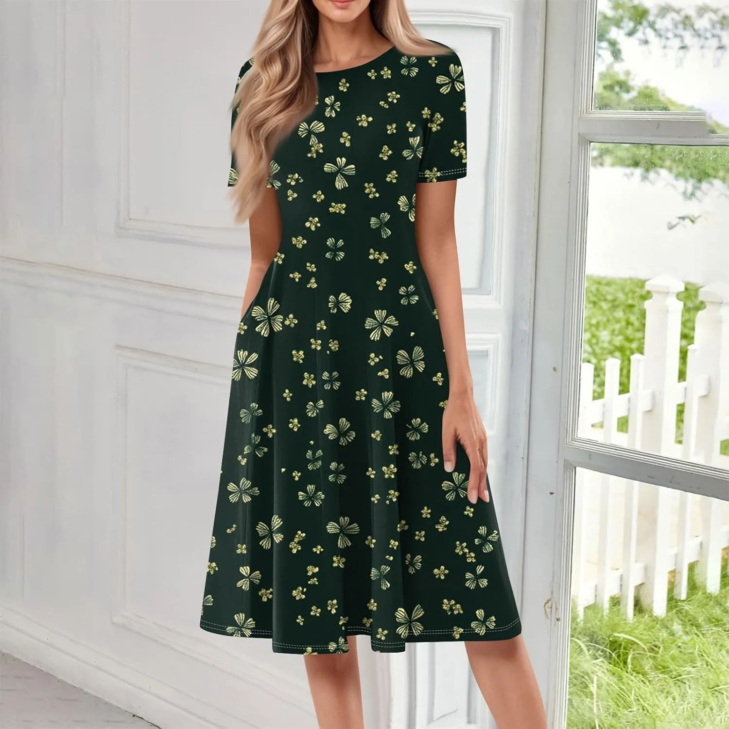 Women's Sun Dresses 2025 Vacation Loose Trendy Short Sleeve Round Neck Floral Print Midi Clothes Plus Size, S-3XL