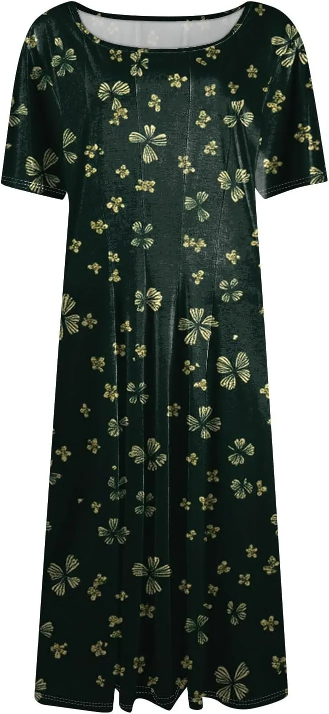 Women's Sun Dresses 2025 Vacation Loose Trendy Short Sleeve Round Neck Floral Print Midi Clothes Plus Size, S-3XL