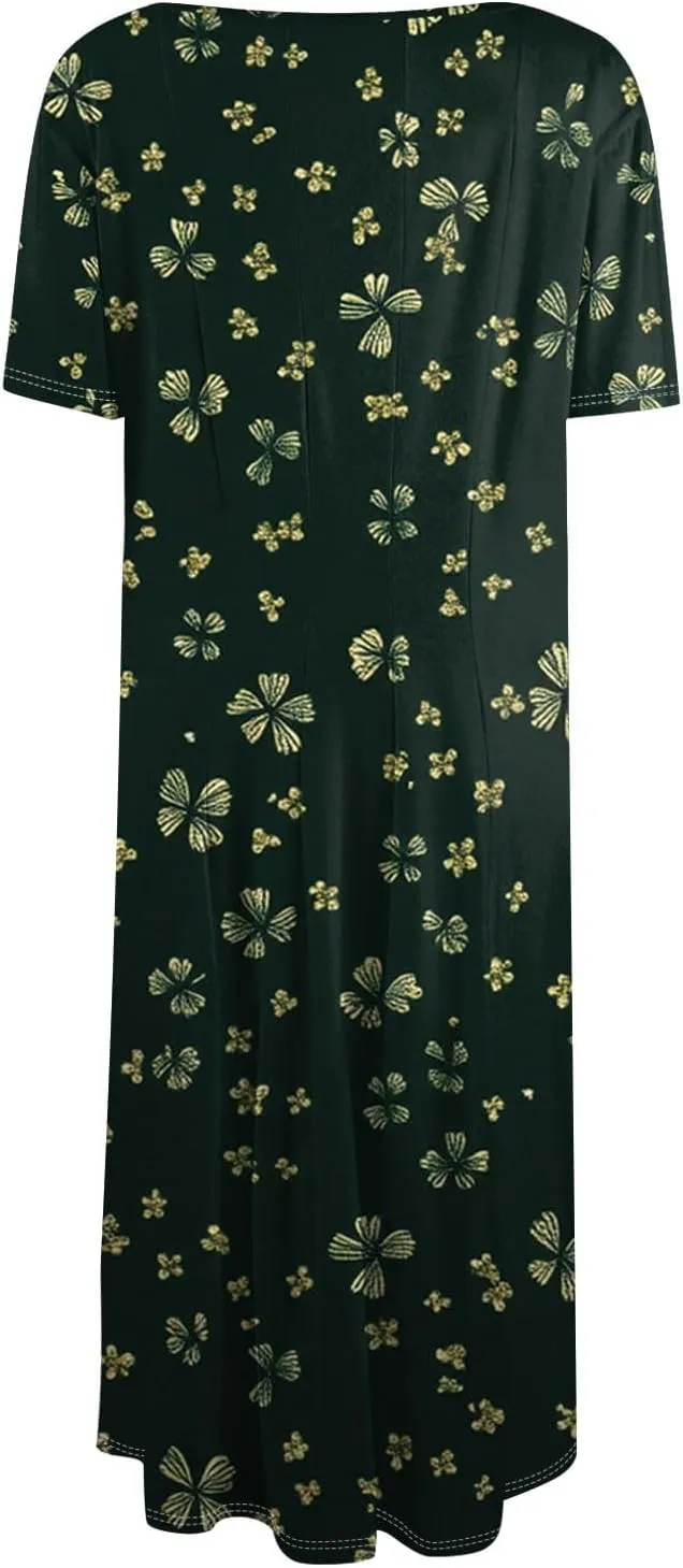 Women's Sun Dresses 2025 Vacation Loose Trendy Short Sleeve Round Neck Floral Print Midi Clothes Plus Size, S-3XL
