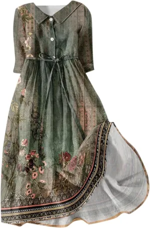 Women's Sundresses 2025 Summer Casual Loose Trendy 3/4 Sleeve Button Vintage Floral Printed Boho Dress Plus Size, S-3XL