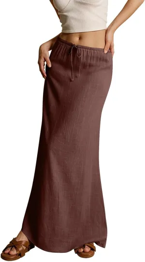 Women's Sundresses 2025 Summer Casual Loose Trendy Drawstring Solid Color Long Maxi Beach Sun Linen Skirts, S-2XL