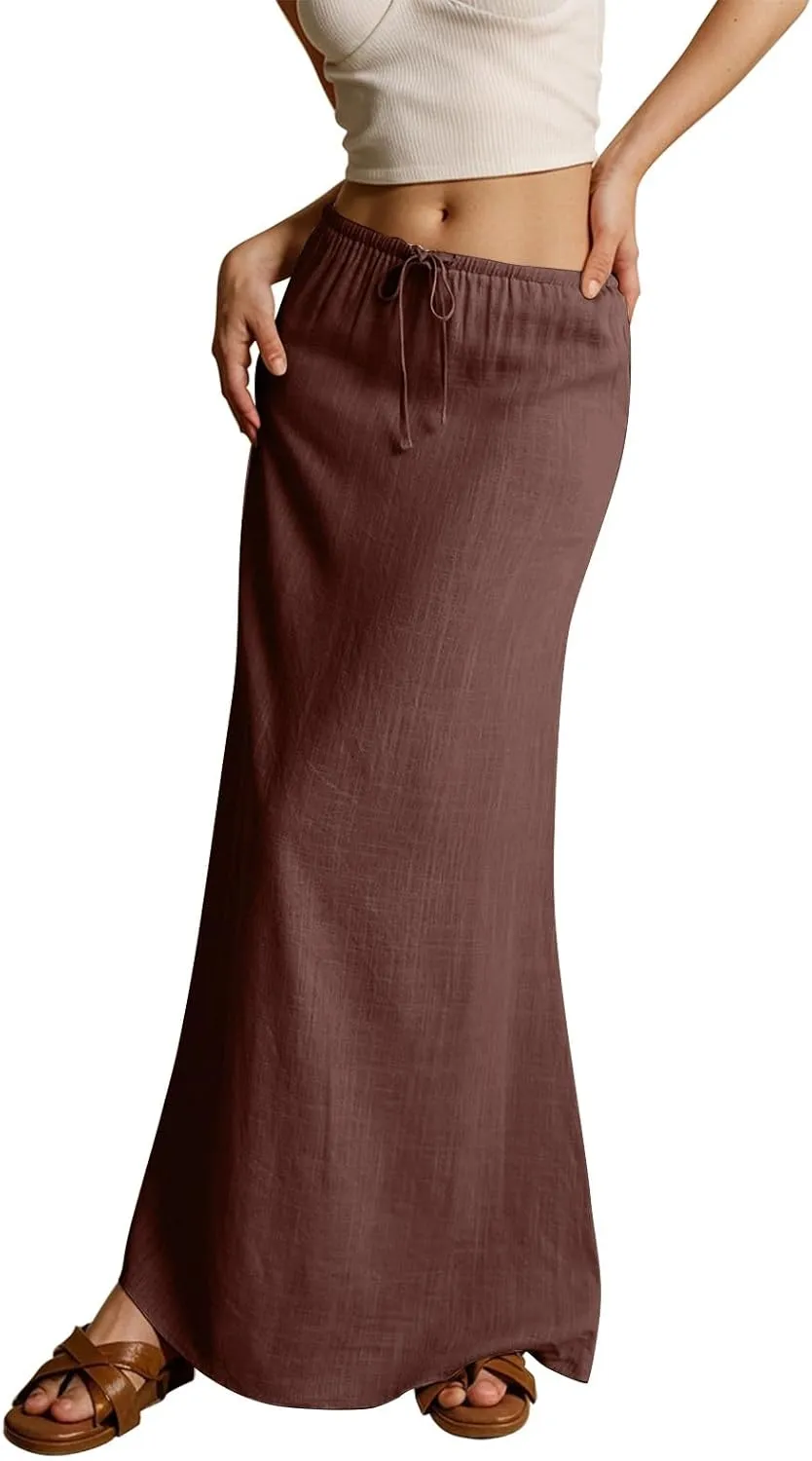 Women's Sundresses 2025 Summer Casual Loose Trendy Drawstring Solid Color Long Maxi Beach Sun Linen Skirts, S-2XL