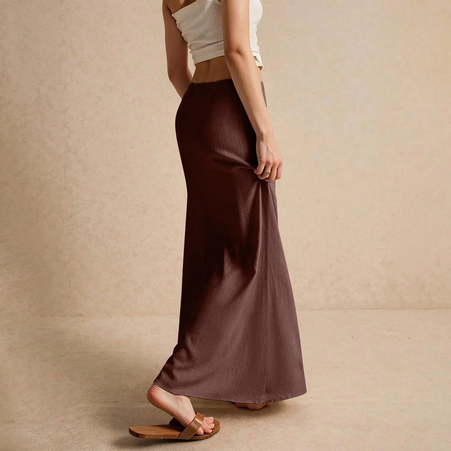 Women's Sundresses 2025 Summer Casual Loose Trendy Drawstring Solid Color Long Maxi Beach Sun Linen Skirts, S-2XL