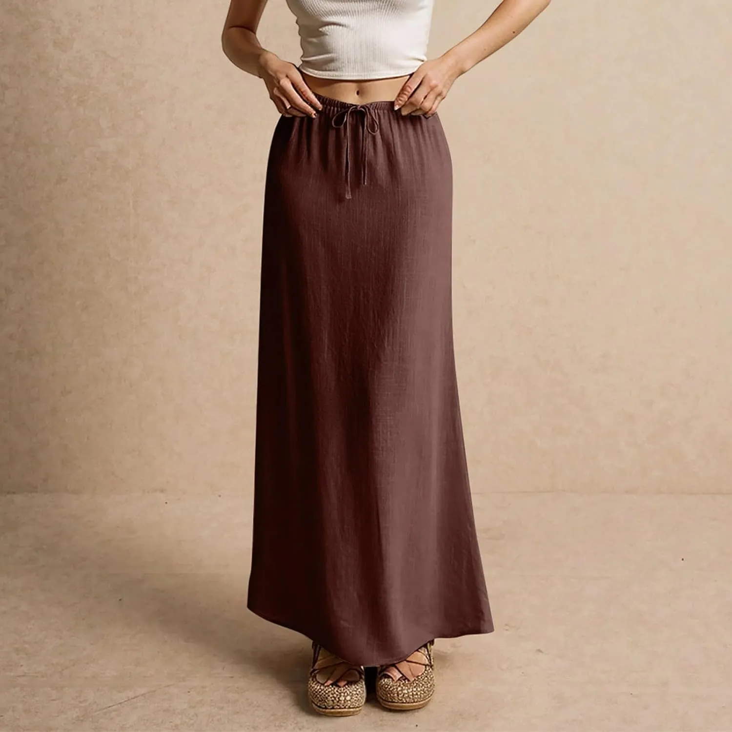 Women's Sundresses 2025 Summer Casual Loose Trendy Drawstring Solid Color Long Maxi Beach Sun Linen Skirts, S-2XL