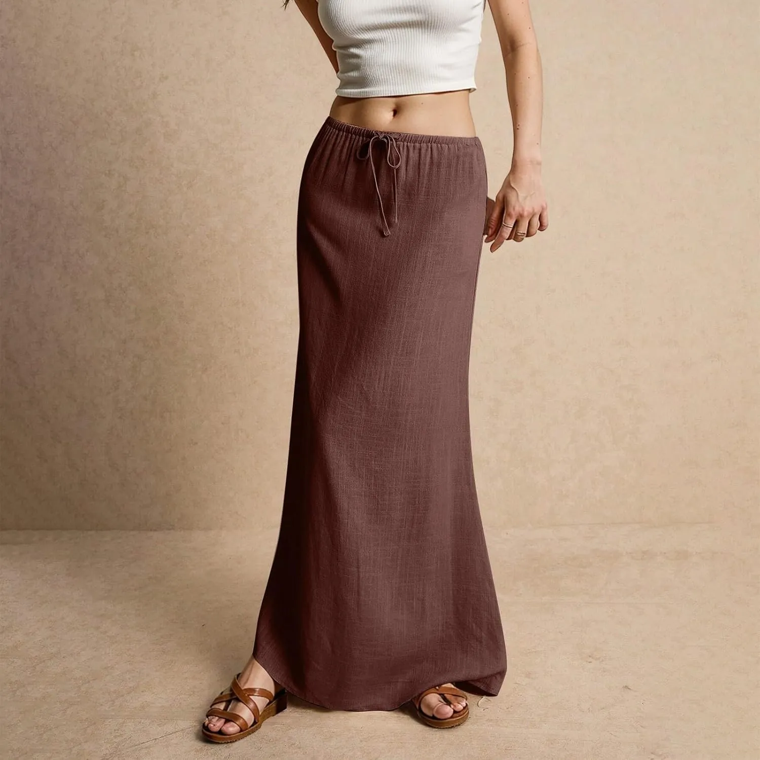 Women's Sundresses 2025 Summer Casual Loose Trendy Drawstring Solid Color Long Maxi Beach Sun Linen Skirts, S-2XL