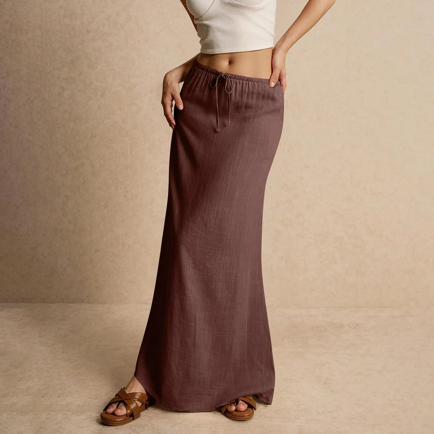 Women's Sundresses 2025 Summer Casual Loose Trendy Drawstring Solid Color Long Maxi Beach Sun Linen Skirts, S-2XL