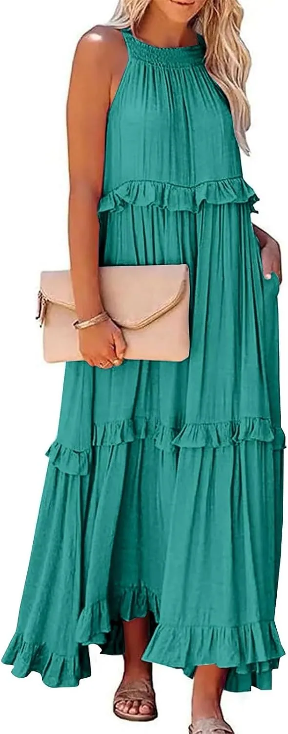 Women's Sundresses 2025 Summer Casual Loose Trendy Sleeveless Solid Color Flowy Maxi Beach Dress, S-2XL