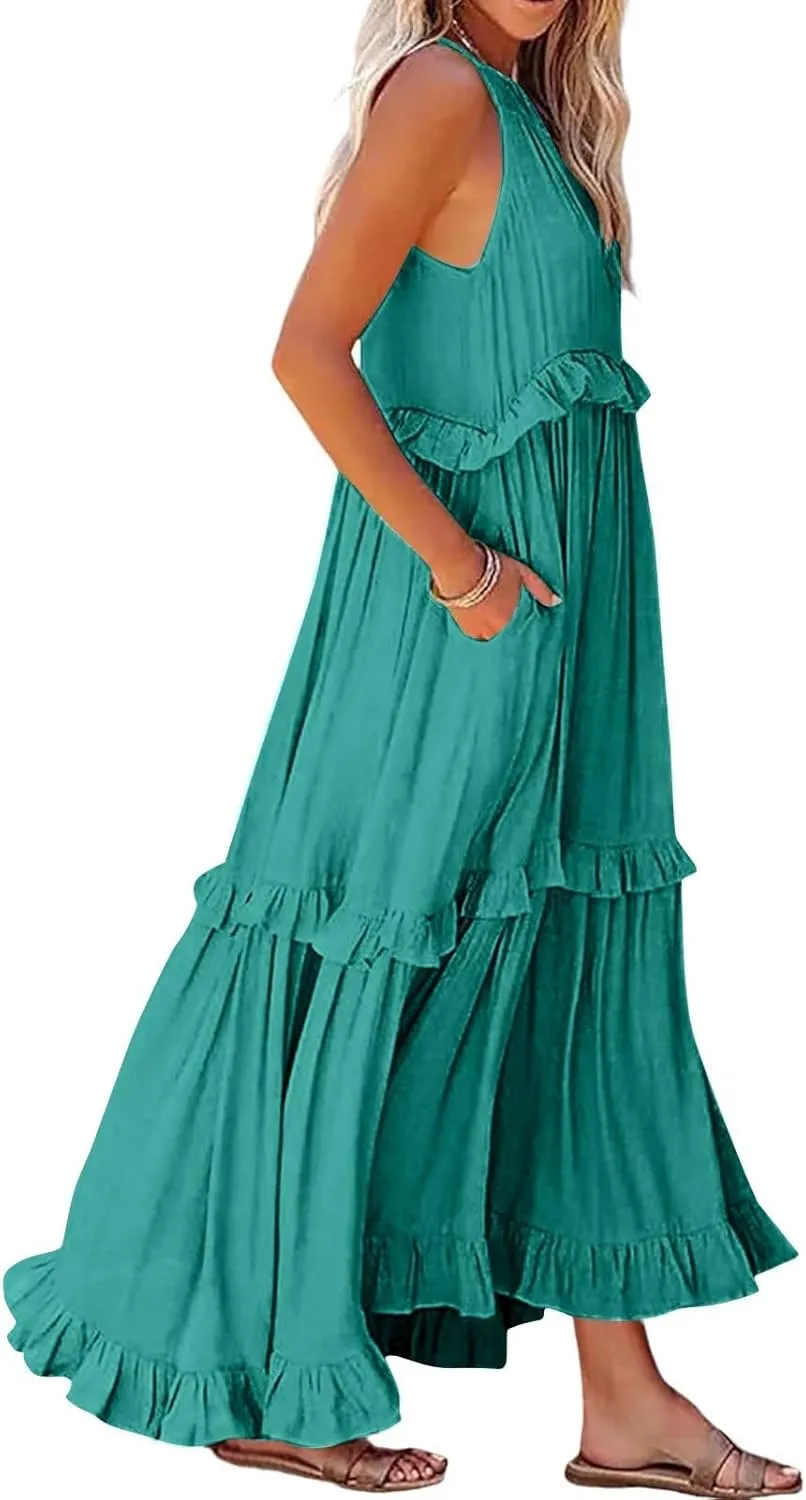 Women's Sundresses 2025 Summer Casual Loose Trendy Sleeveless Solid Color Flowy Maxi Beach Dress, S-2XL