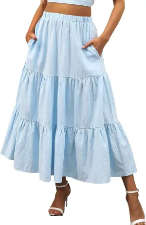 Womens Swing Ruffle Beach Pleated Elastic Summer with Pockets Boho Long Skirt and Top Set for Women High Rise Skirts