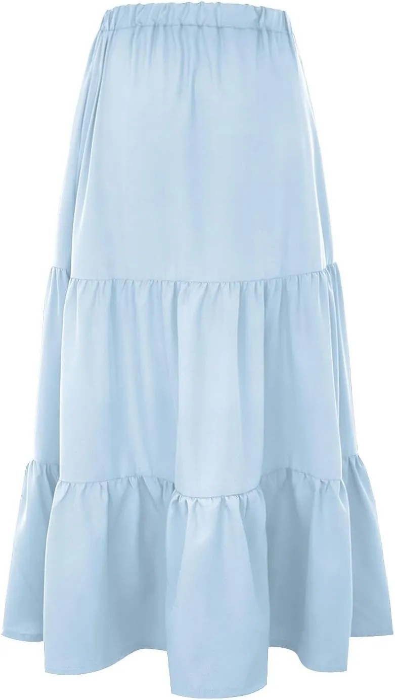 Womens Swing Ruffle Beach Pleated Elastic Summer with Pockets Boho Long Skirt and Top Set for Women High Rise Skirts