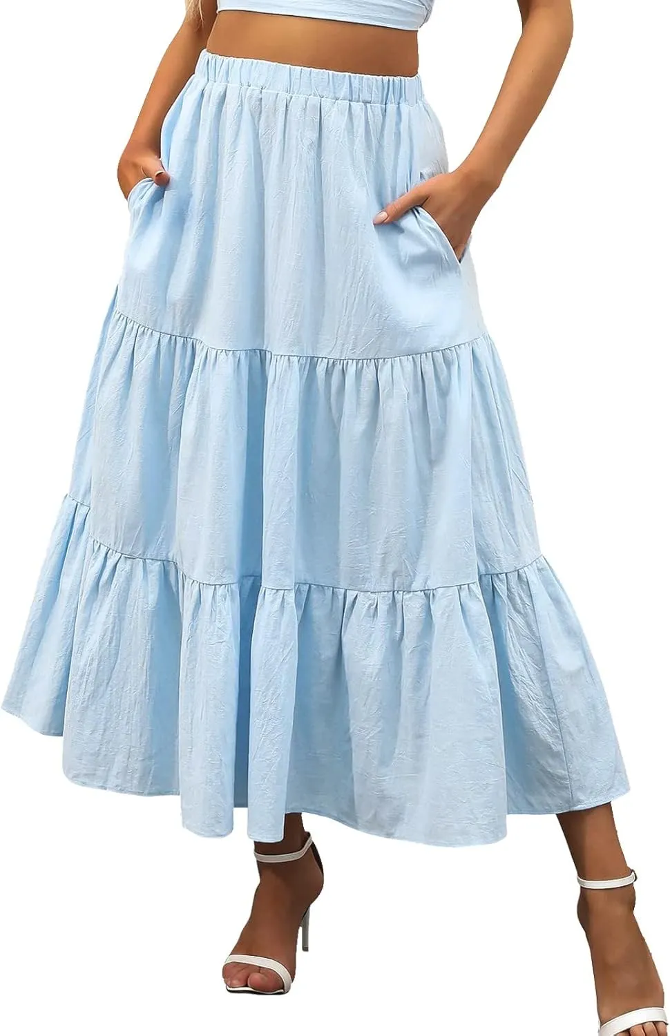 Womens Swing Ruffle Beach Pleated Elastic Summer with Pockets Boho Long Skirt and Top Set for Women High Rise Skirts