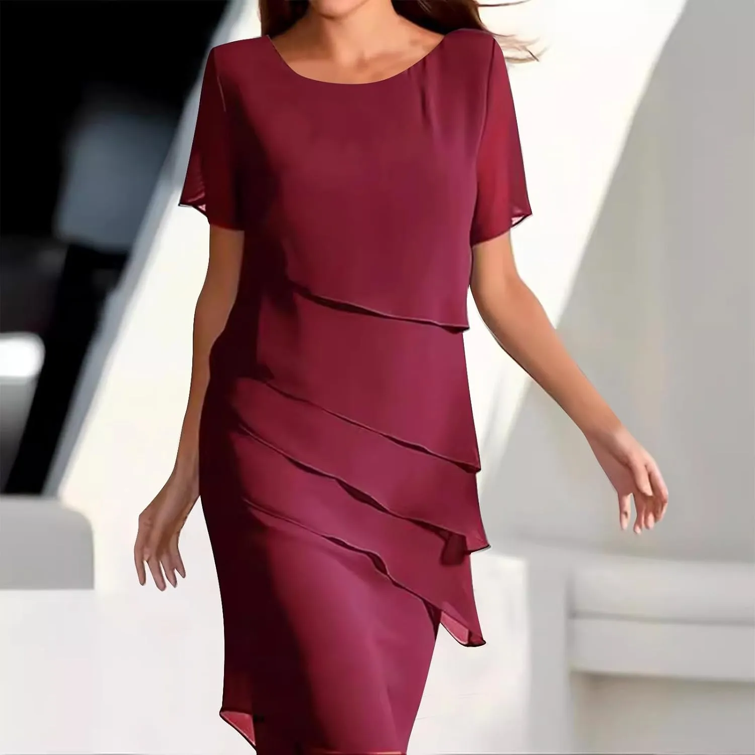 Women's Tiered Chiffon Dresses Pleated A Line Flowy Mini Dress Solid Color Long Dress Cocktail Party Evening Dresses