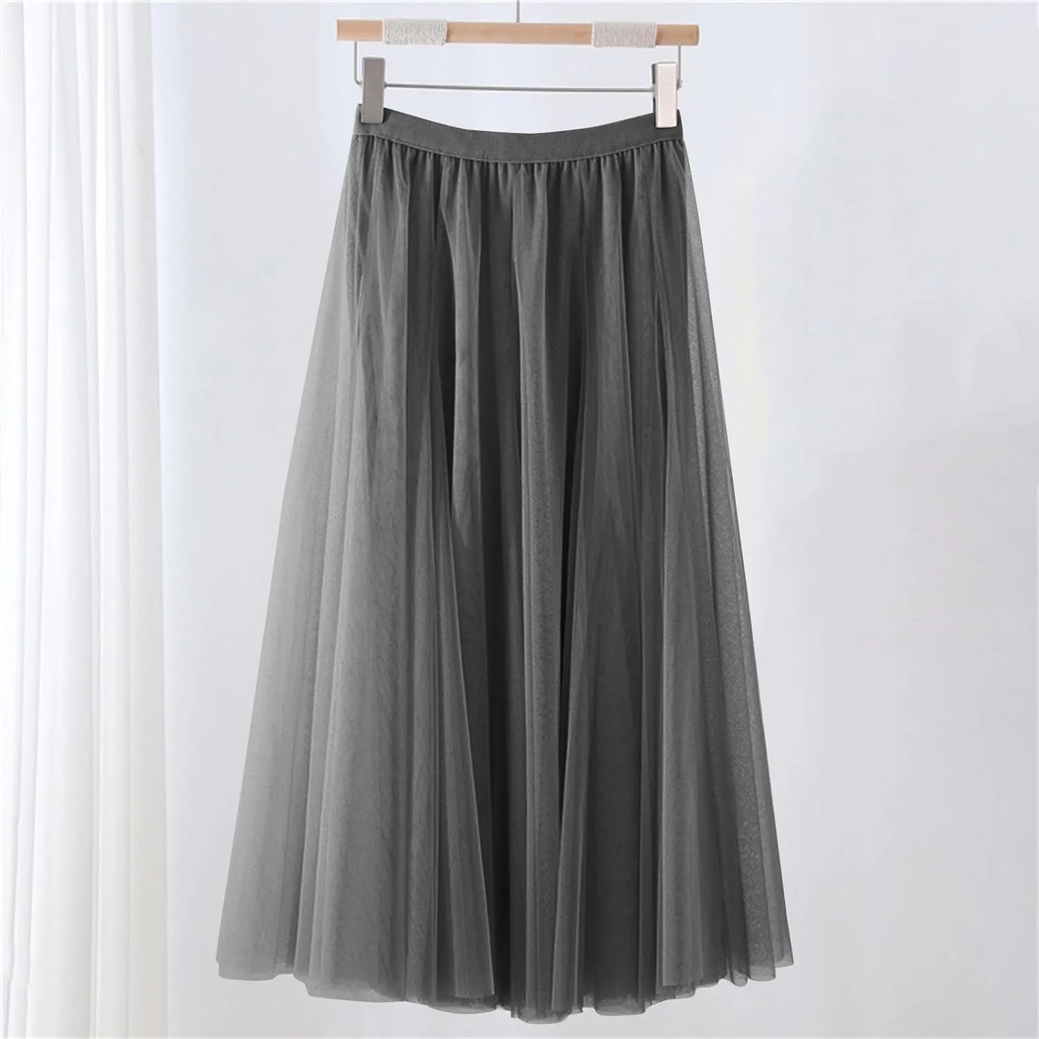 Womens Tulle Maxi Skirts Summer Party Solid Beach Elastic High Waist Pleated A-Line Flowy Swing Long Maxi Skirt