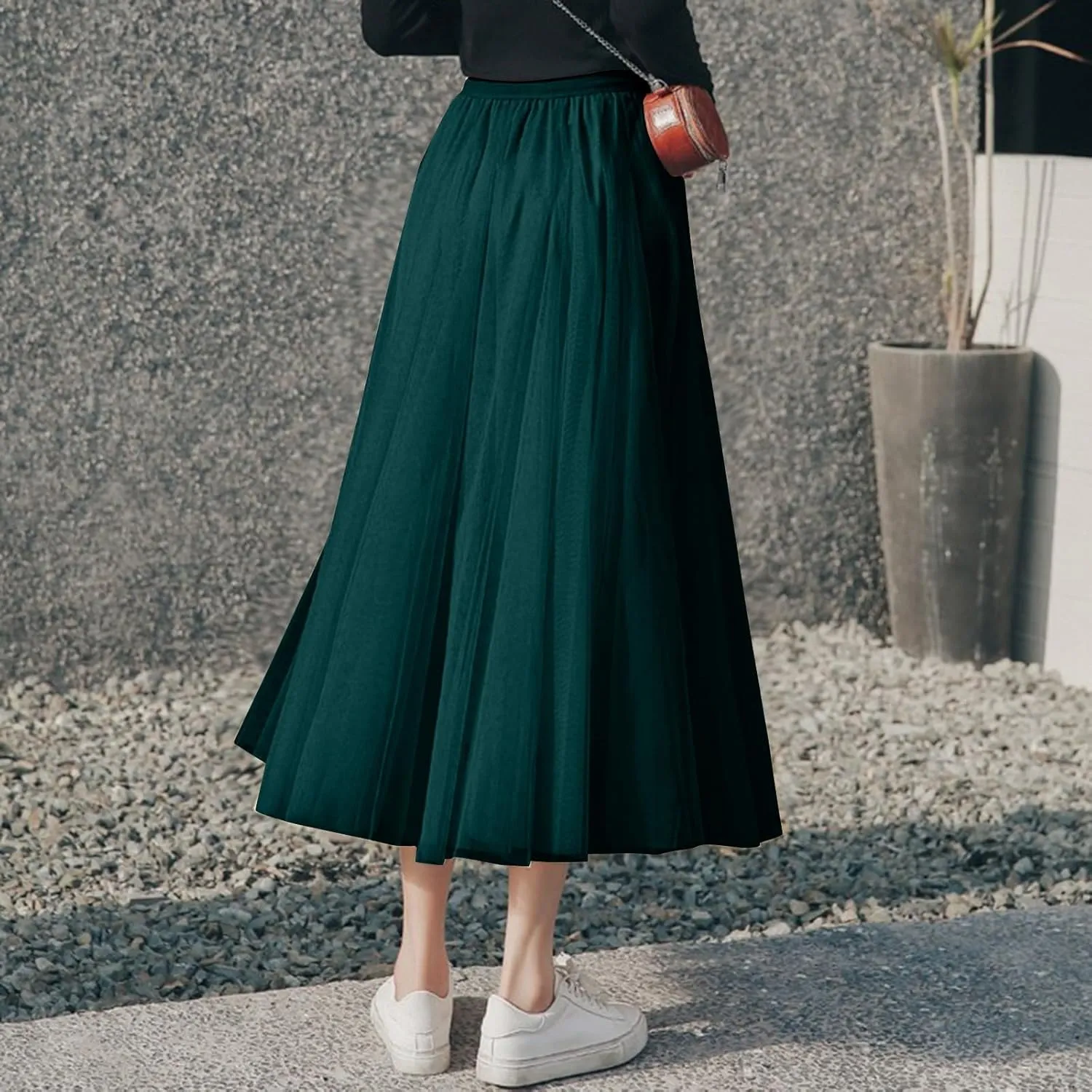 Womens Tulle Maxi Skirts Summer Party Solid Beach Elastic High Waist Pleated A-Line Flowy Swing Long Maxi Skirt
