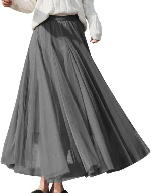 Womens Tulle Maxi Skirts Summer Party Solid Beach Elastic High Waist Pleated A-Line Flowy Swing Long Maxi Skirt