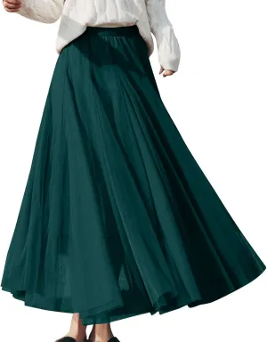 Womens Tulle Maxi Skirts Summer Party Solid Beach Elastic High Waist Pleated A-Line Flowy Swing Long Maxi Skirt