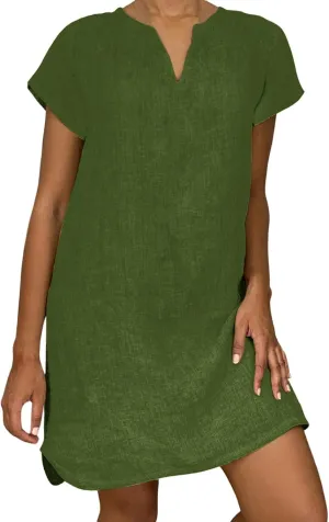 Womens V-Neck Cotton Linen Midi Dress Summer T-Shirt Dresses Short Sleeve Plus Size Flowy Solid Color Beach Dress