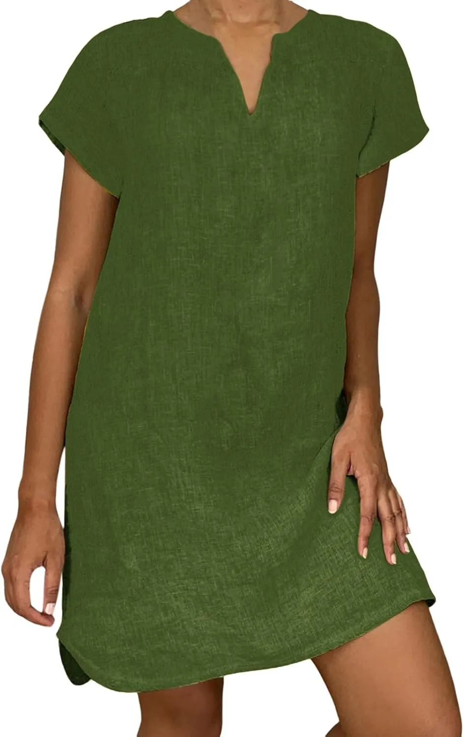 Womens V-Neck Cotton Linen Midi Dress Summer T-Shirt Dresses Short Sleeve Plus Size Flowy Solid Color Beach Dress