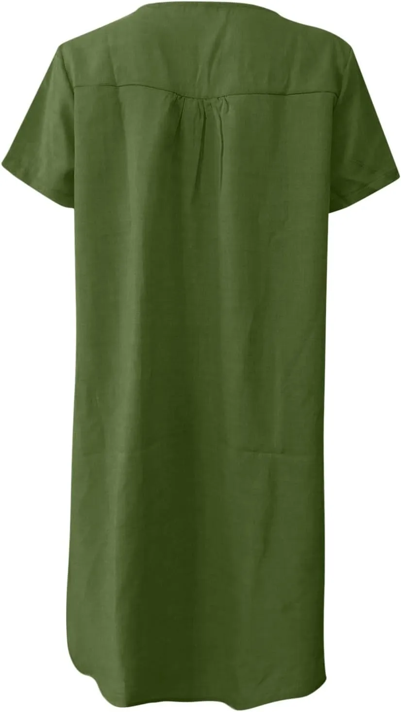 Womens V-Neck Cotton Linen Midi Dress Summer T-Shirt Dresses Short Sleeve Plus Size Flowy Solid Color Beach Dress