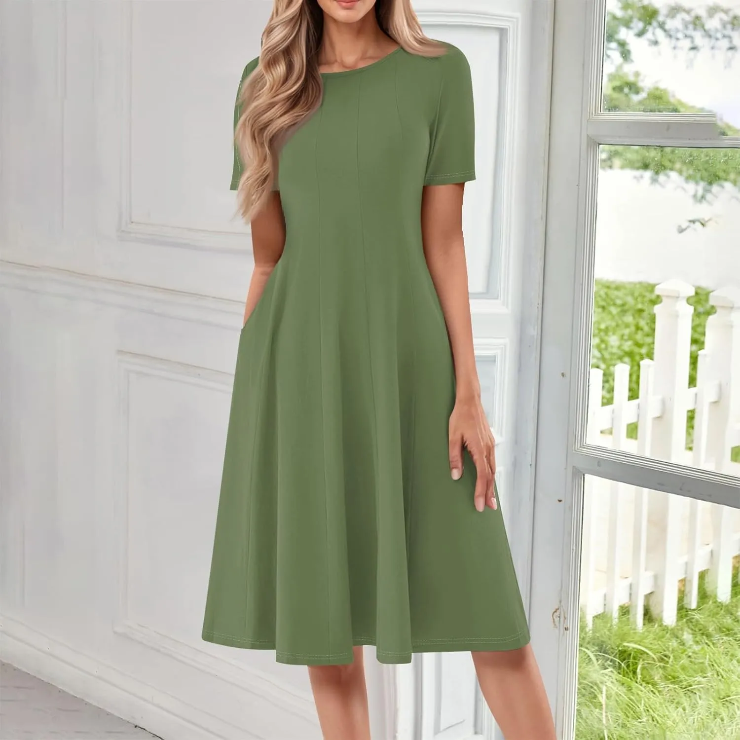 Women's Vacation Dresses 2025 Casual Loose Trendy Short Sleeve Round Neck Solid Color Gradient Midi Plus Size, S-3XL