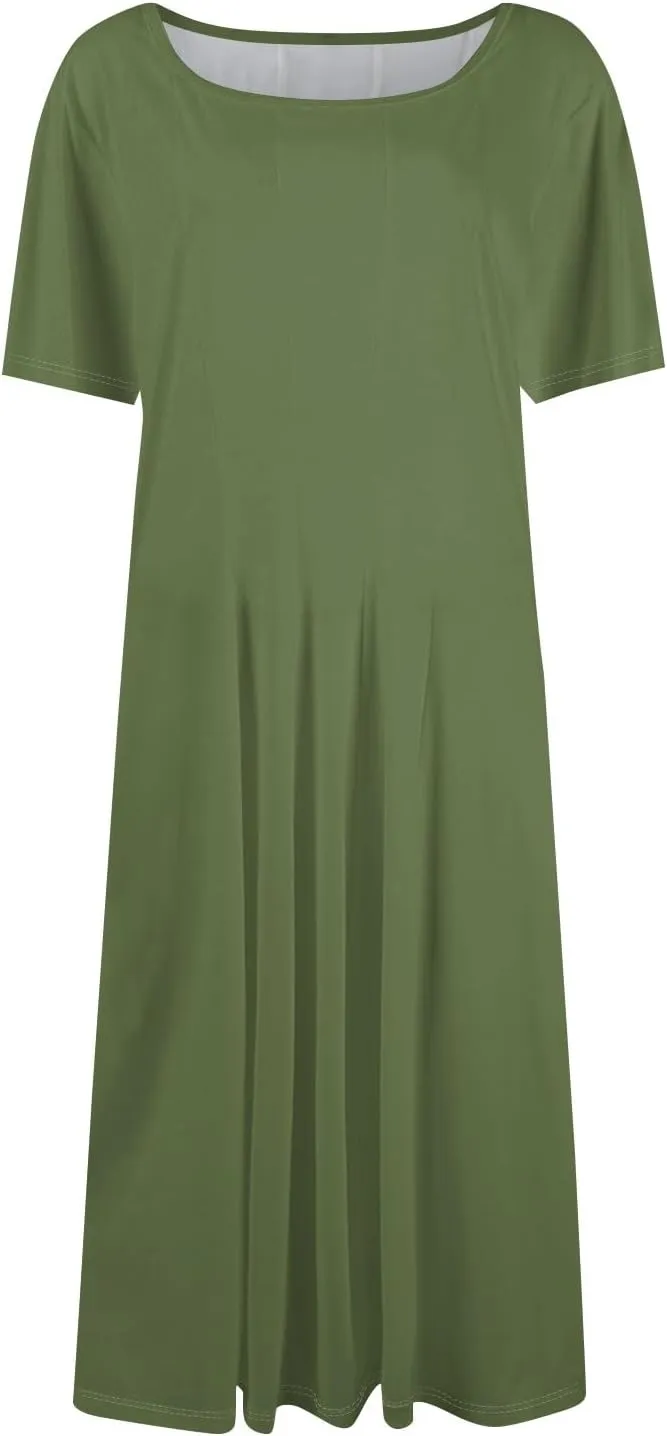 Women's Vacation Dresses 2025 Casual Loose Trendy Short Sleeve Round Neck Solid Color Gradient Midi Plus Size, S-3XL