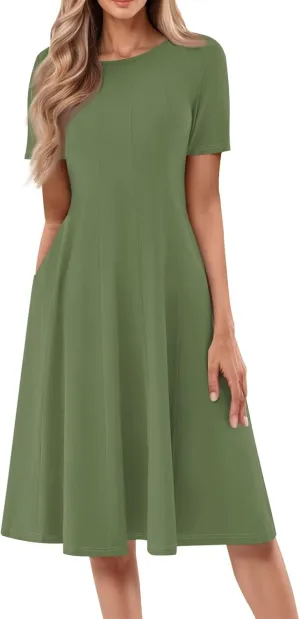 Women's Vacation Dresses 2025 Casual Loose Trendy Short Sleeve Round Neck Solid Color Gradient Midi Plus Size, S-3XL