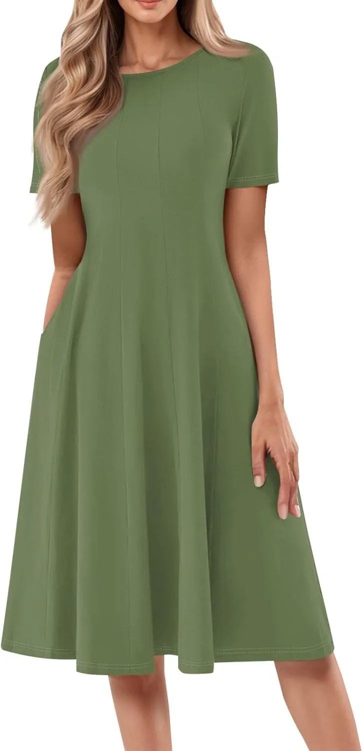 Women's Vacation Dresses 2025 Casual Loose Trendy Short Sleeve Round Neck Solid Color Gradient Midi Plus Size, S-3XL