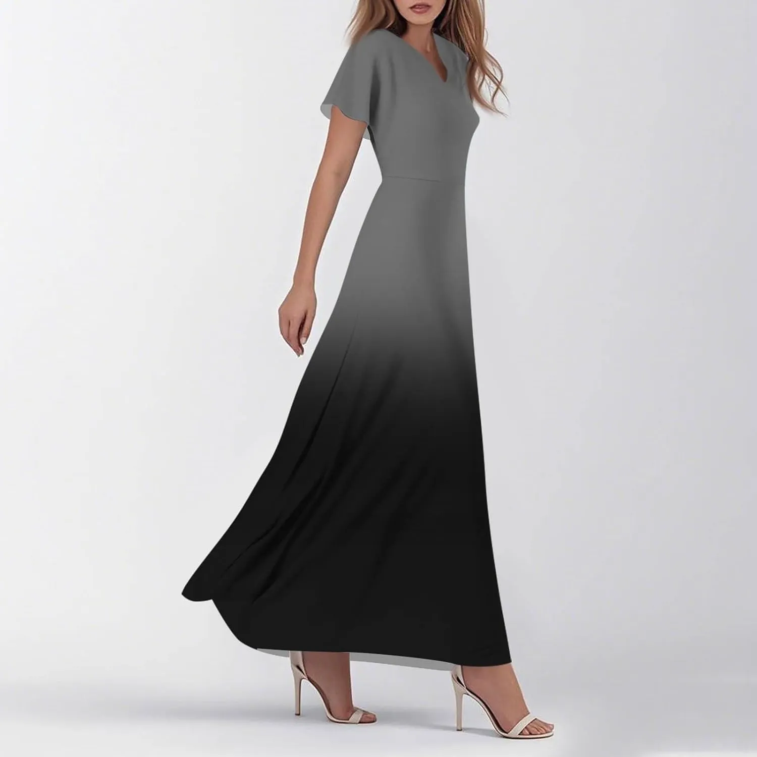 Women's Vacation Outfits Casual Loose Trendy Short Sleeve V-Neck Floral Printed Solid Beach Maxi Dresses, XS-2XL