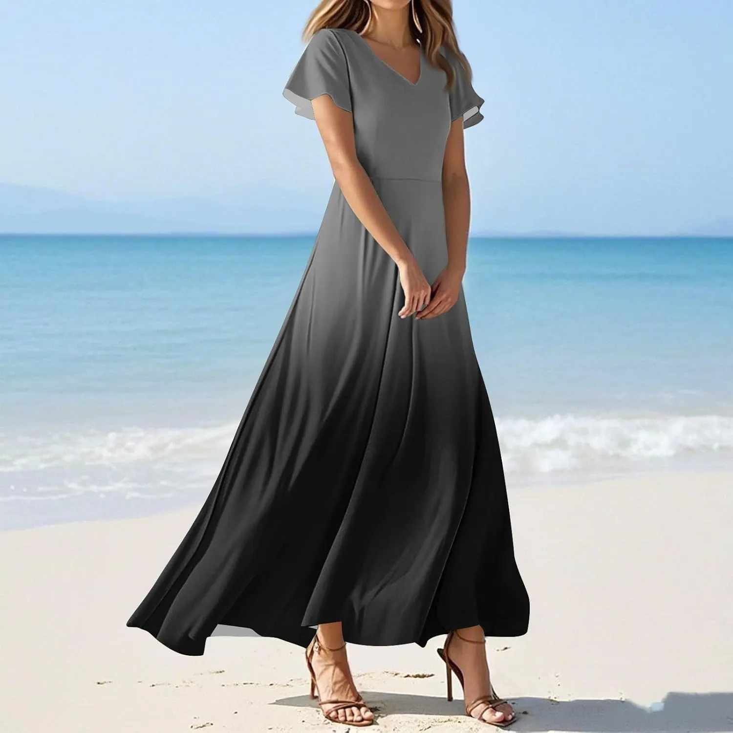 Women's Vacation Outfits Casual Loose Trendy Short Sleeve V-Neck Floral Printed Solid Beach Maxi Dresses, XS-2XL