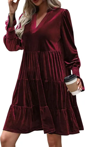 Women's Velvet Dress Long Puff Sleeve Cocktail Party Semi-Formal Fit and Flare Church Wedding Guest Work Dresses