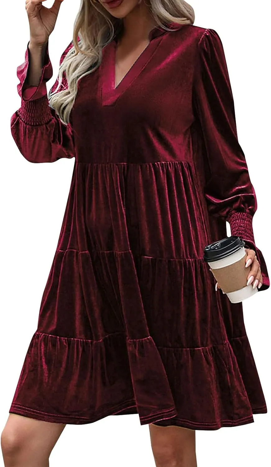 Women's Velvet Dress Long Puff Sleeve Cocktail Party Semi-Formal Fit and Flare Church Wedding Guest Work Dresses