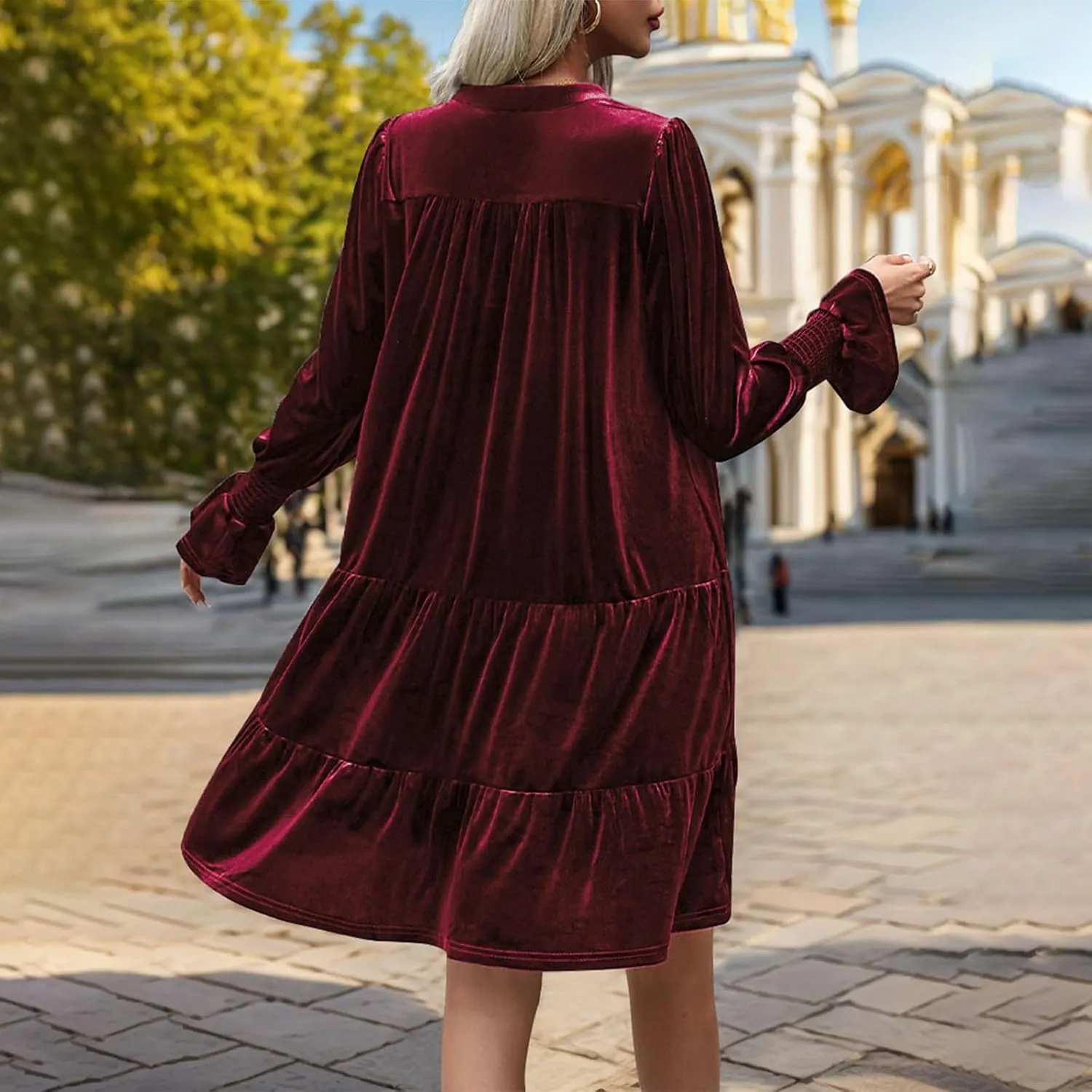Women's Velvet Dress Long Puff Sleeve Cocktail Party Semi-Formal Fit and Flare Church Wedding Guest Work Dresses