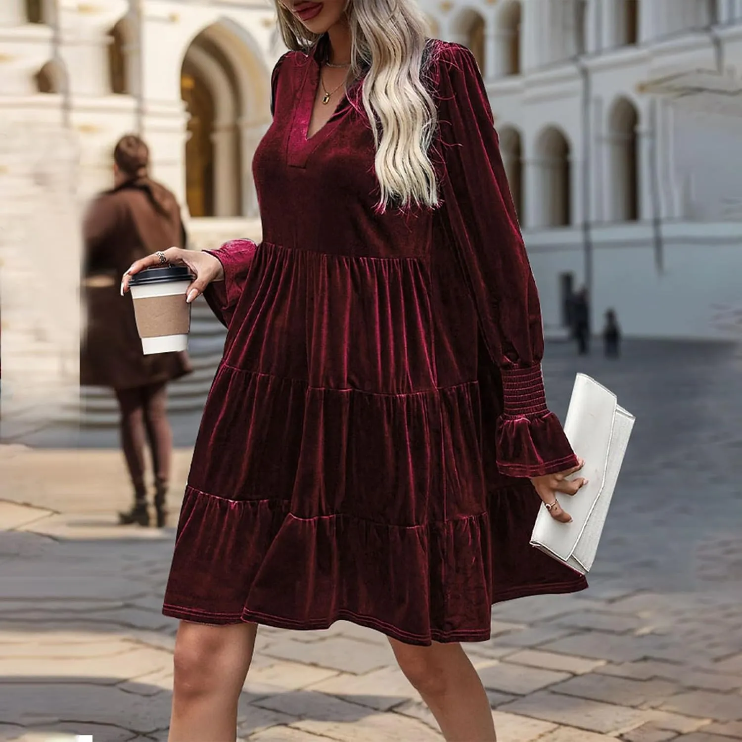 Women's Velvet Dress Long Puff Sleeve Cocktail Party Semi-Formal Fit and Flare Church Wedding Guest Work Dresses