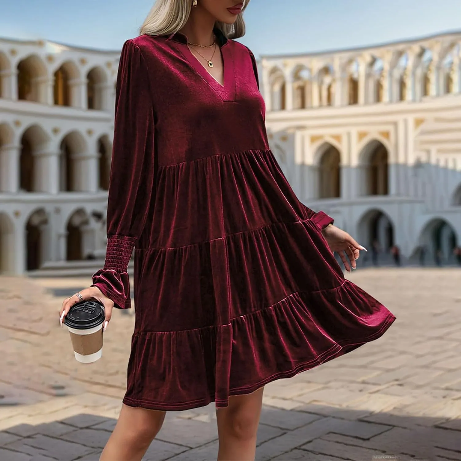 Women's Velvet Dress Long Puff Sleeve Cocktail Party Semi-Formal Fit and Flare Church Wedding Guest Work Dresses