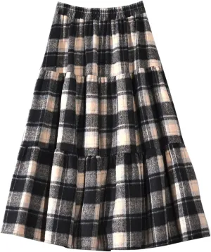 Women's Woolen Midi Skirts Vintage Plaid Elastic High Waist Pleated A-line Tartan Skirt Knee Length Pencil Skirt