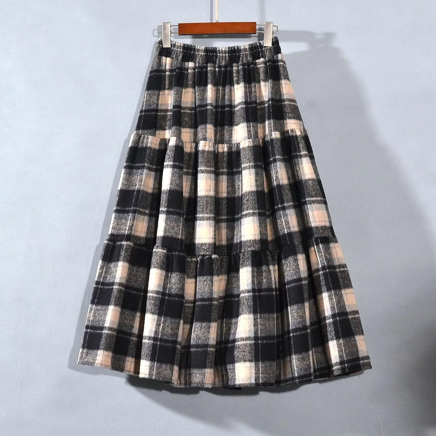 Women's Woolen Midi Skirts Vintage Plaid Elastic High Waist Pleated A-line Tartan Skirt Knee Length Pencil Skirt
