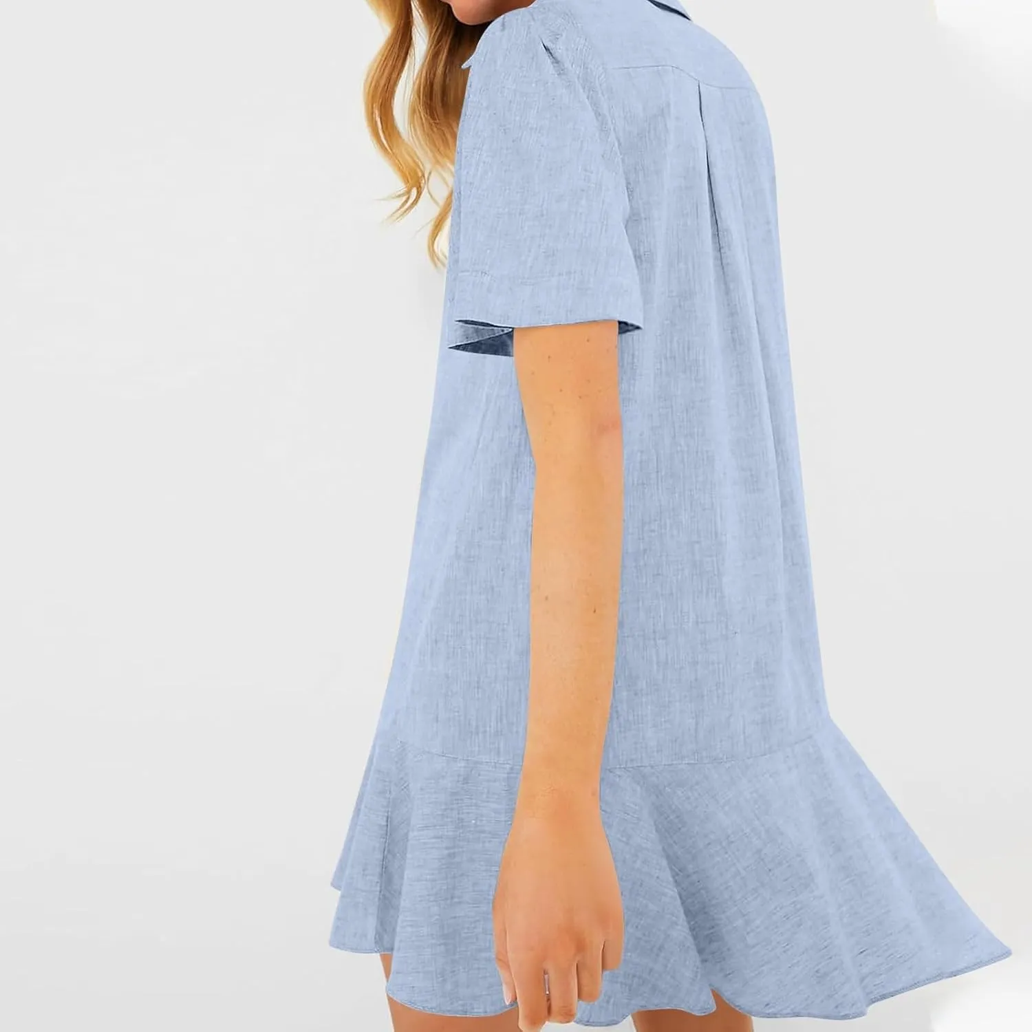 Work Dresses for Women 2025 Button Down Shirt Dress Short Sleeve Cotton Linen Ruffle Shift Mini Dresses