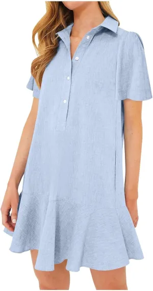 Work Dresses for Women 2025 Button Down Shirt Dress Short Sleeve Cotton Linen Ruffle Shift Mini Dresses
