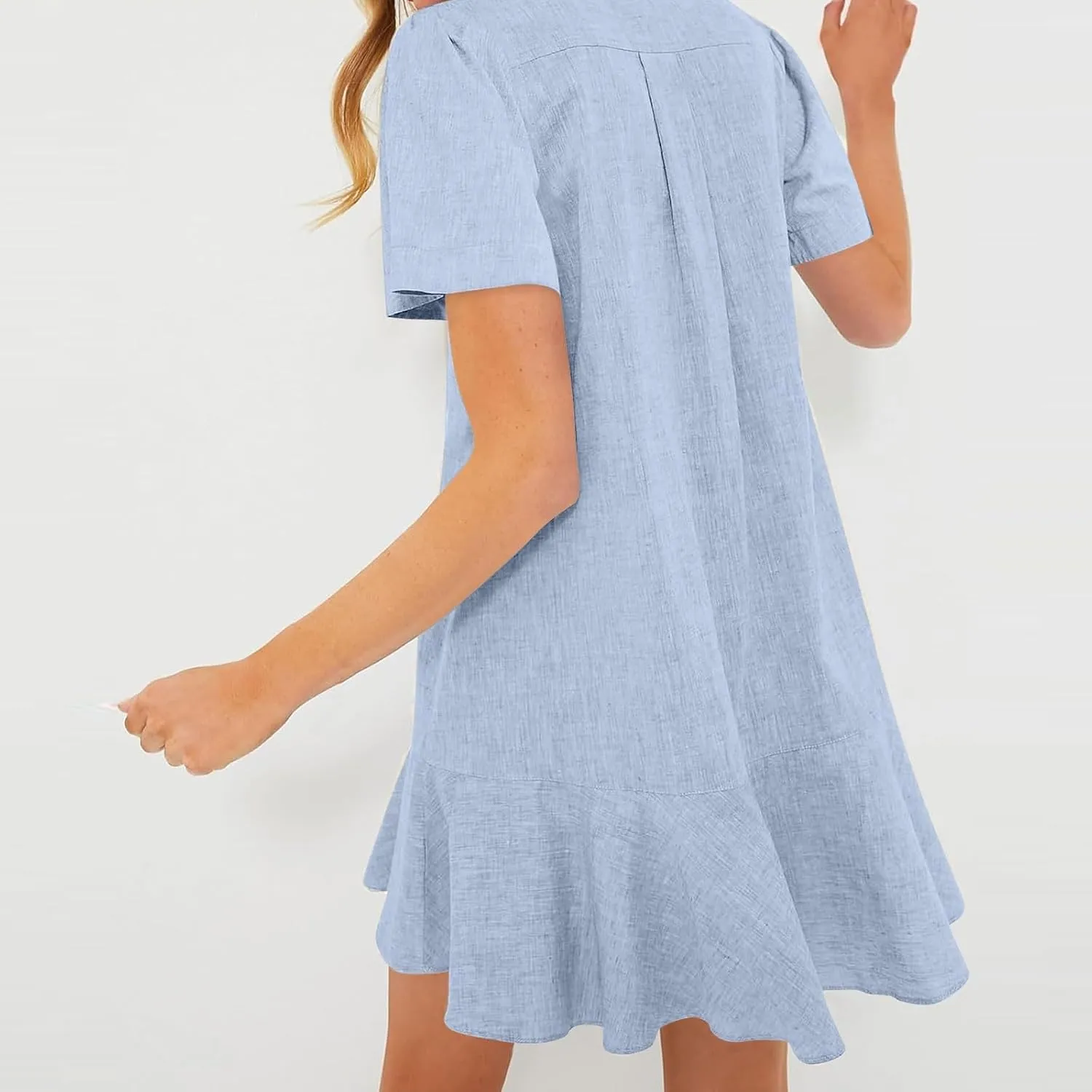 Work Dresses for Women 2025 Button Down Shirt Dress Short Sleeve Cotton Linen Ruffle Shift Mini Dresses