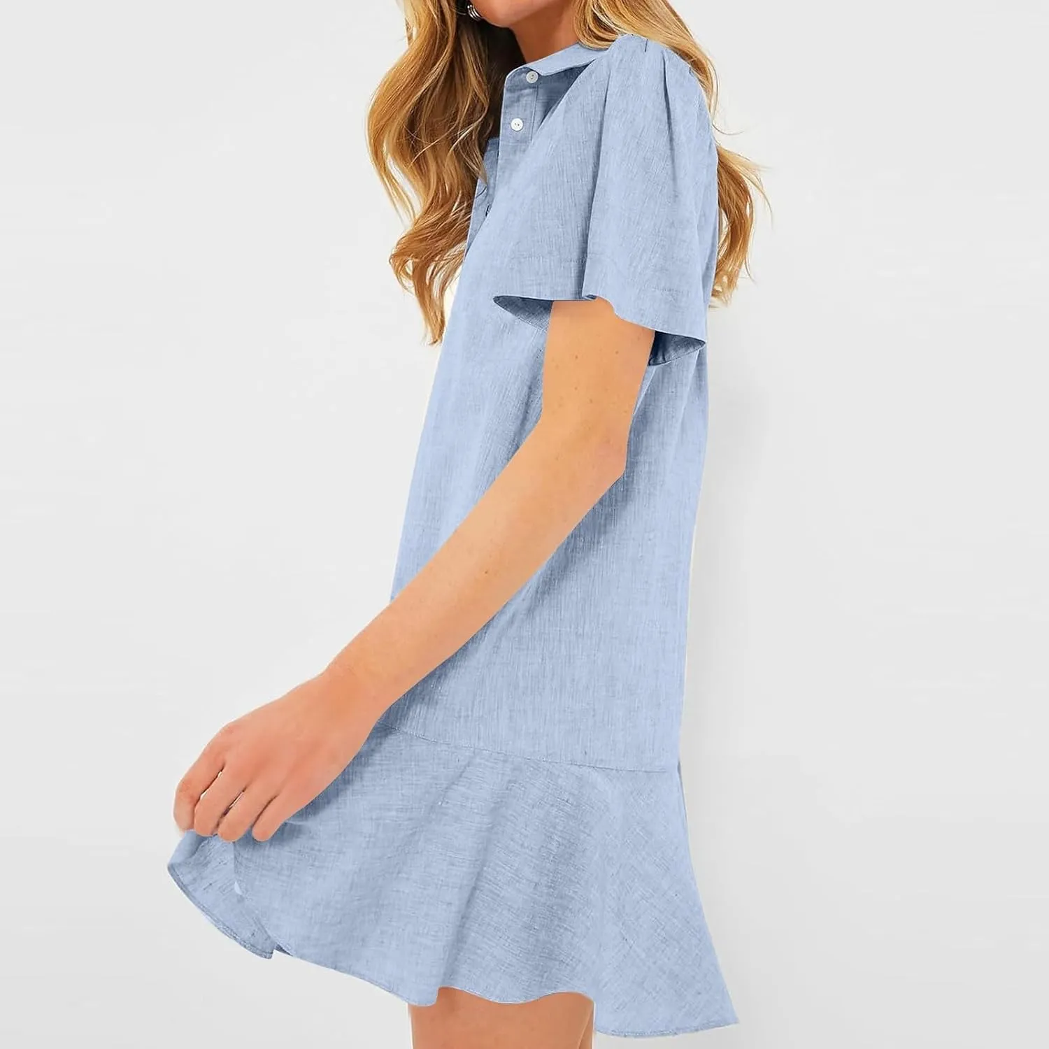 Work Dresses for Women 2025 Button Down Shirt Dress Short Sleeve Cotton Linen Ruffle Shift Mini Dresses