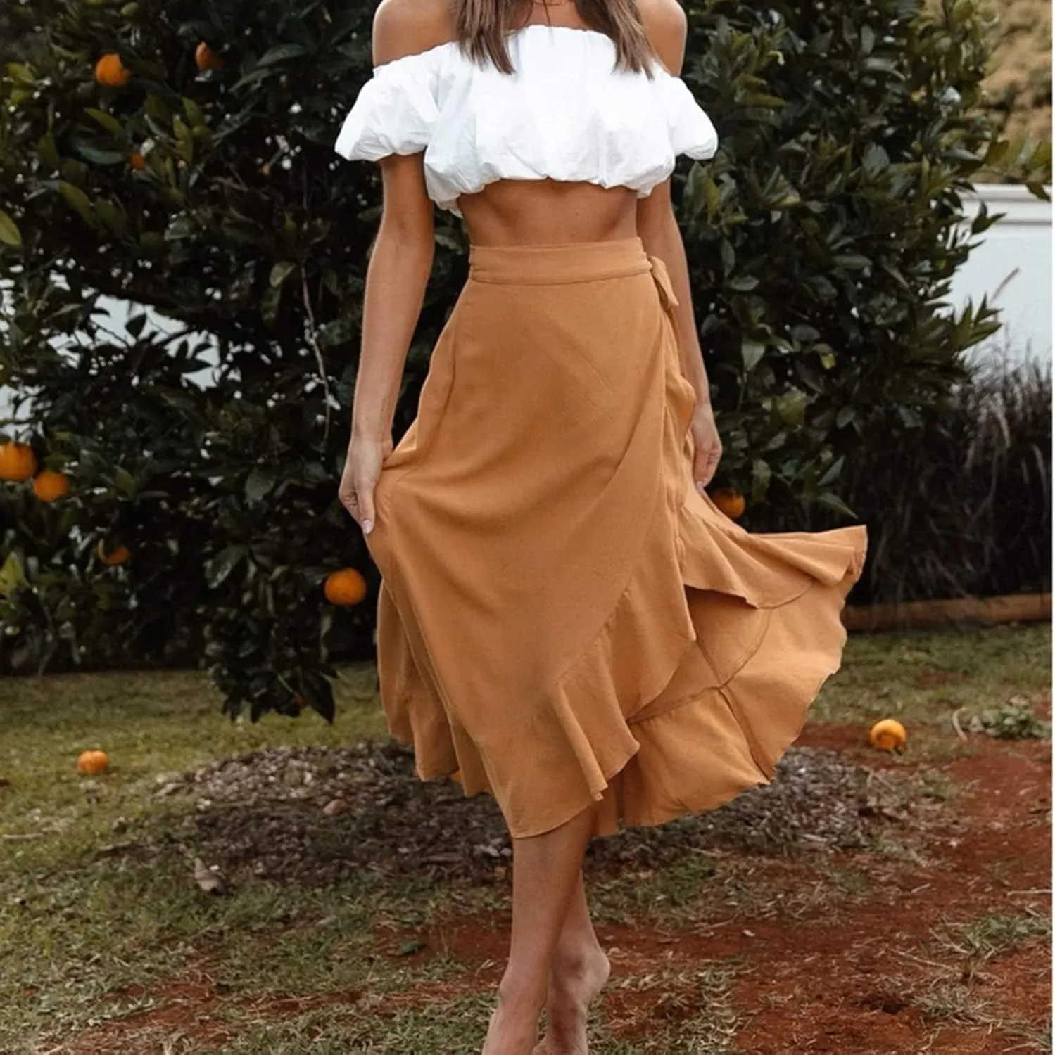 Wrap Skirts for Women Sexy Elegant Ruffle Asymmetrical Hem Maxi Skirts Summer Causal Solid Office Work Party Skirt