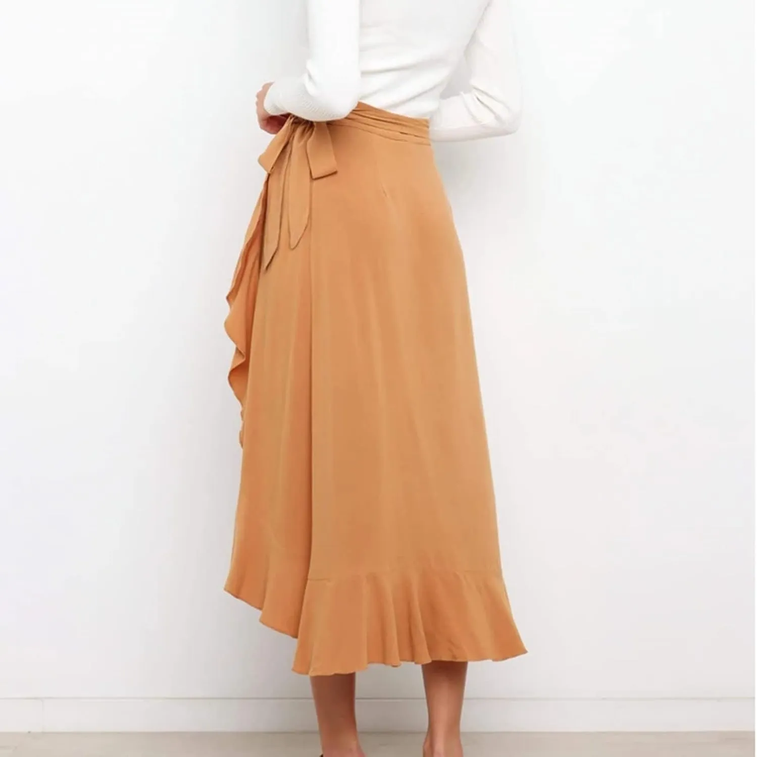 Wrap Skirts for Women Sexy Elegant Ruffle Asymmetrical Hem Maxi Skirts Summer Causal Solid Office Work Party Skirt