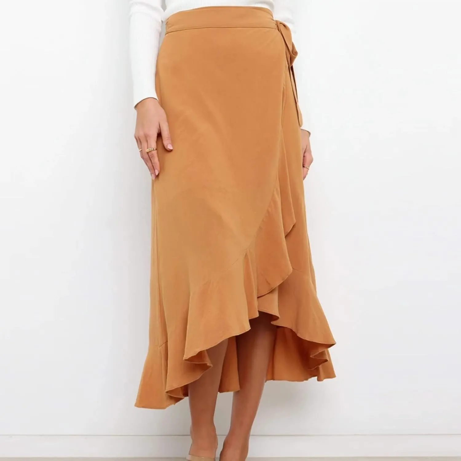 Wrap Skirts for Women Sexy Elegant Ruffle Asymmetrical Hem Maxi Skirts Summer Causal Solid Office Work Party Skirt