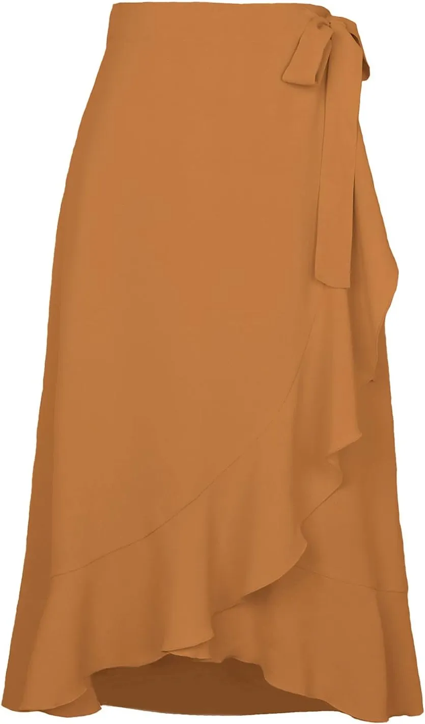 Wrap Skirts for Women Sexy Elegant Ruffle Asymmetrical Hem Maxi Skirts Summer Causal Solid Office Work Party Skirt