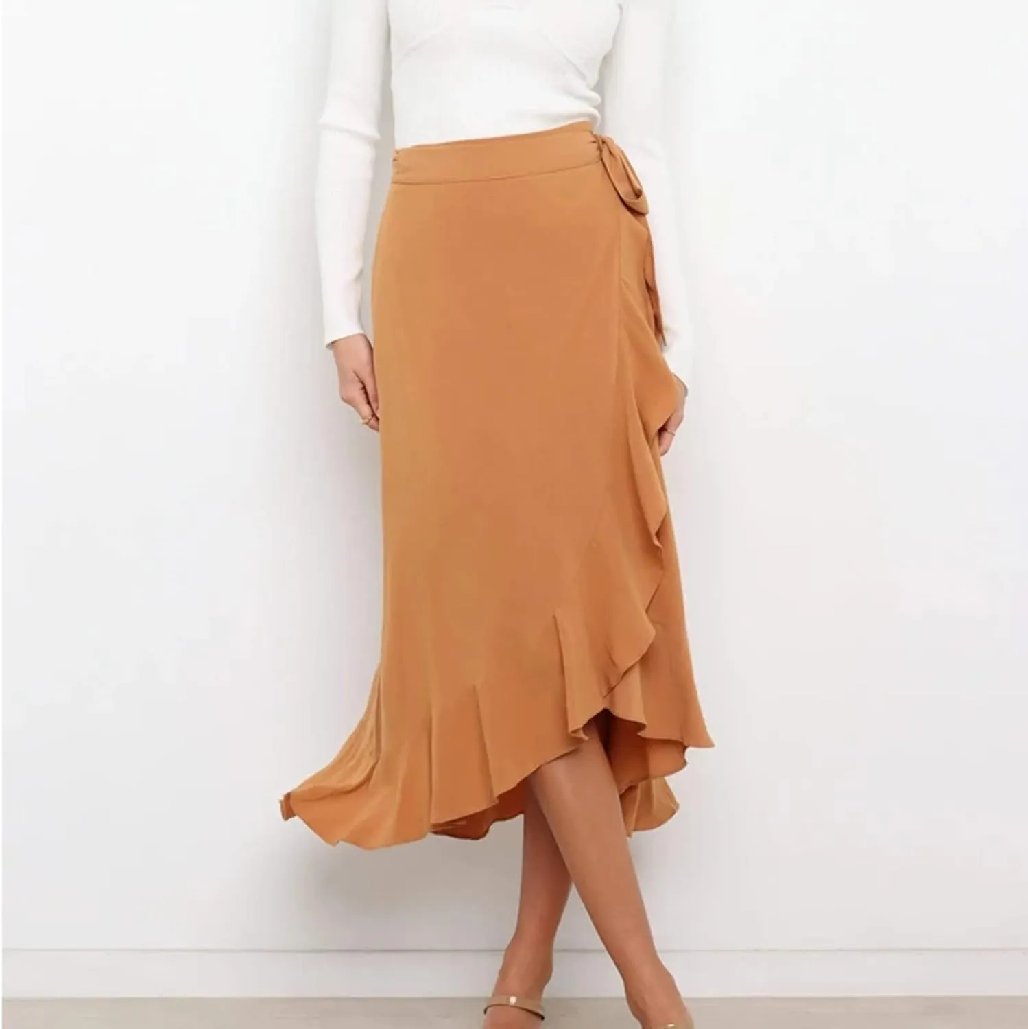 Wrap Skirts for Women Sexy Elegant Ruffle Asymmetrical Hem Maxi Skirts Summer Causal Solid Office Work Party Skirt