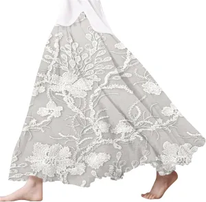 XOWRTE Women's Boho Casual Skirts Summer 2025 Lace Embroidery Elastic Waist Flowy Tiered A-Line Beach Maxi Skirt Swing Cute