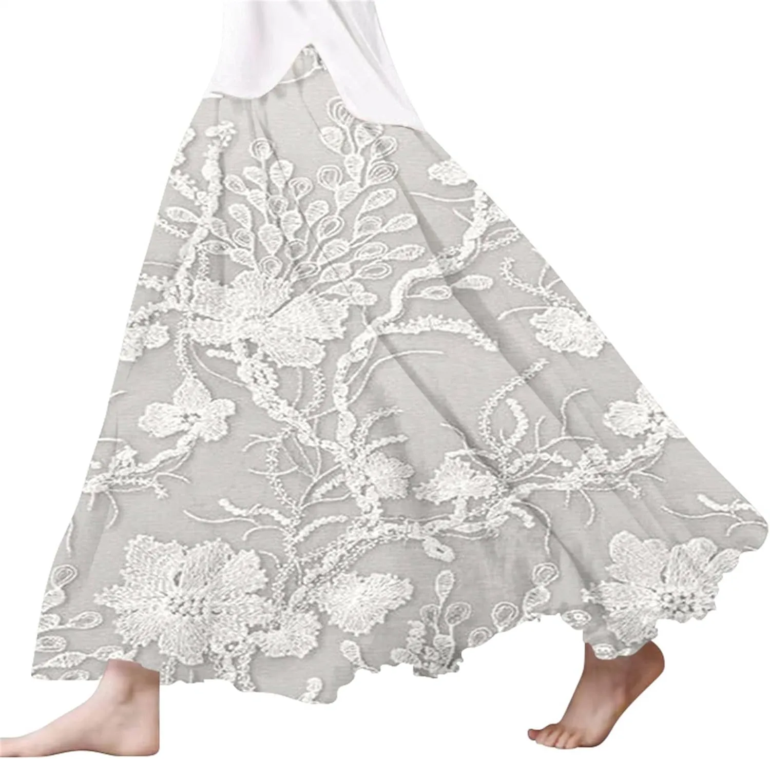 XOWRTE Women's Boho Casual Skirts Summer 2025 Lace Embroidery Elastic Waist Flowy Tiered A-Line Beach Maxi Skirt Swing Cute