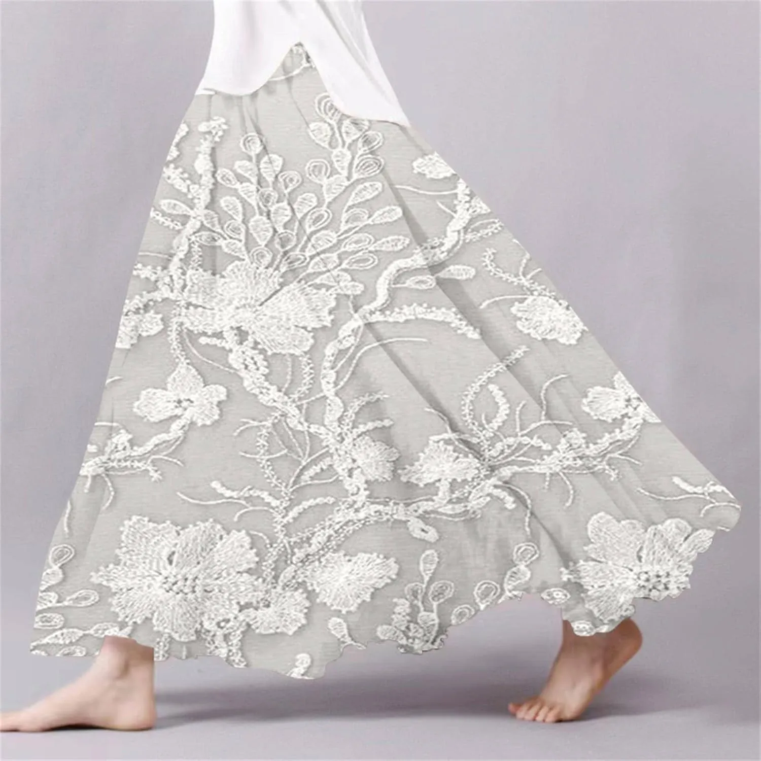 XOWRTE Women's Boho Casual Skirts Summer 2025 Lace Embroidery Elastic Waist Flowy Tiered A-Line Beach Maxi Skirt Swing Cute